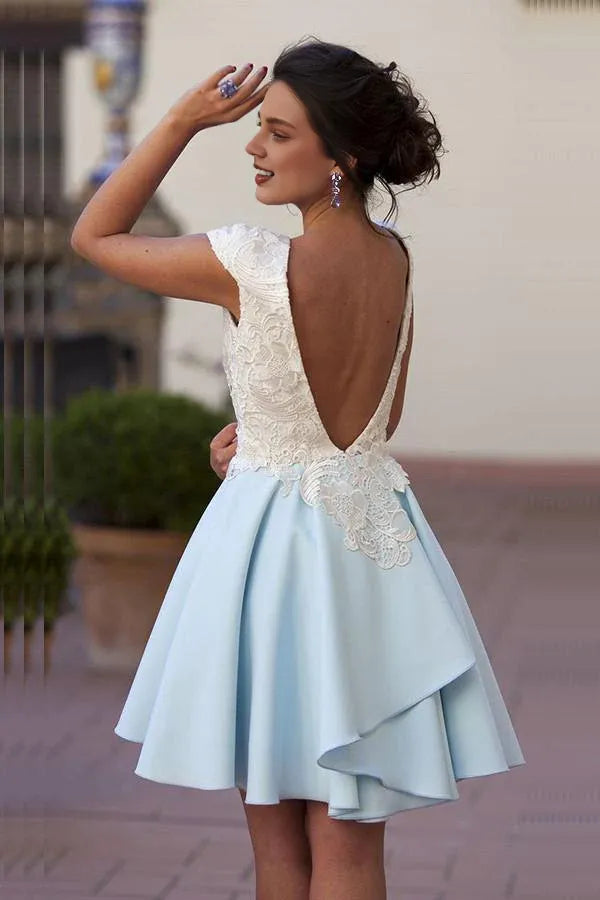Robe de soirée Weitese en mousseline bleu clair, longueur genou, avec appliqués